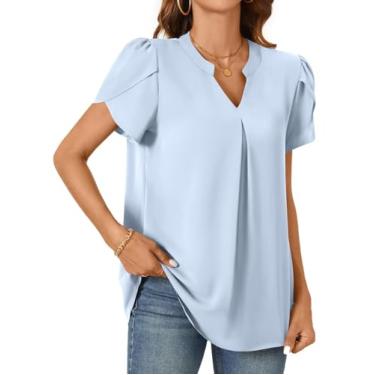 Imagem de Camisetas femininas de chiffon de verão blusas casuais pétala elegante camiseta túnica manga curta gola V tops, Azul claro, G