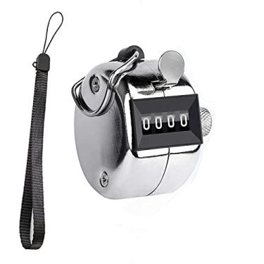 Imagem de ZRAMO Contador de cliques de mão de metal com 4 dígitos, contagem de números de contador de cliques digital para fileira, pessoas, golfe, colo e tricô, prata com cordão de nylon (1 peça)