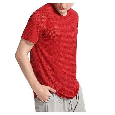 Imagem de Camiseta masculina atlética manga curta malha oca lisa secagem rápida camiseta de treino suave, Vermelho, 3G