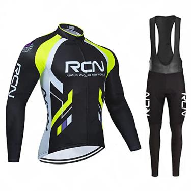 Imagem de Camisa de ciclismo de inverno equipe outono manga longa calças babador conjunto de lã térmica masculino terno de bicicleta esporte equitação MTB roupas de bicicleta, amarelo, PP (160 cm/53 kg)