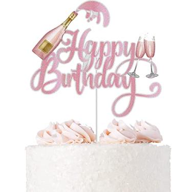Imagem de Champagne Happy Birthday Cake Topper Celebrating Cheers to 21 30 40 50 60 Years Theme Birthday Party Decoration Supplies Pink Rose Gold Glitter Beers Wine Glass Cake Decor for Men Women