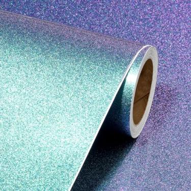Imagem de Livelynine Papel de parede de 15,8 x 394 com glitter, azul, verde, azul-petróleo, azul marinho, glitter, papel de contato para bancadas, mesa, impermeável, vinil, bancada, papel de parede para quarto,