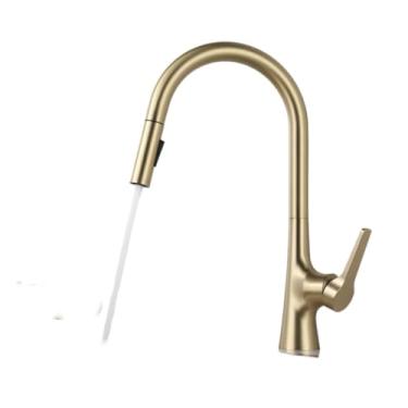 Imagem de Torneira de cozinha removível de níquel escovado, pulverizador de fluxo montado na plataforma, água quente e fria, torneira misturadora de latão com rotação de 360 graus, ouro escovado