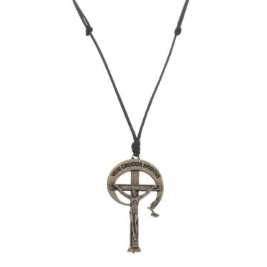 Imagem de Cordão de Couro com Crucifixo da RCC em Metal Modelo Ouro Velho