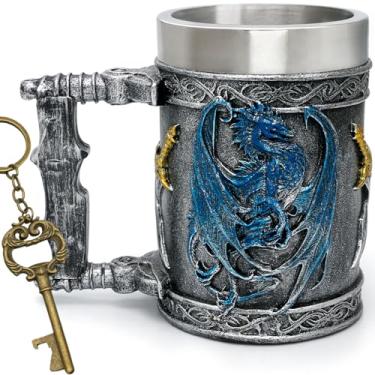 Imagem de alikiki Copo de café grande medieval Dragão Azul DnD Caneca do trono Caneca de café inoxidável Dungeons and Dragons Presentes para homens e mulheres Dragon Collector Decorações de festa temática 600