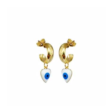 Imagem de Brinco de Argola com Pingente de Coração e Olho Grego Banhado a Ouro 18k