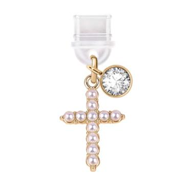 Imagem de ELISE & FONDA Porta de carregamento USB tipo C TP319 plugue antipoeira cruz dourada com pingente de celular pérola para telefones Samsung/Huawei/OnePlus/Xiaomi/oppo Android (dourado), approx.1.5 cm