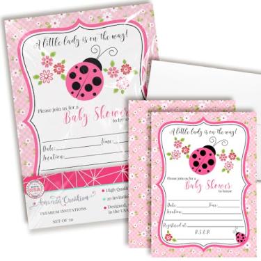 Imagem de Amanda Creation Pink Ladybug Baby Shower Convites para meninas, 20 5x7 Convites de chá de bebê dupla face com vinte envelopes brancos Lady Bug Baby Shower Cartões temáticos It's a girl