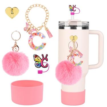 Imagem de Stanley Cup Accessories Set Tumbler Initials Decorations, incluindo capa de canudo de silicone e bota, pingentes de letras fofas para Stanley 1,134 g e copo de 850 g com alça (C)