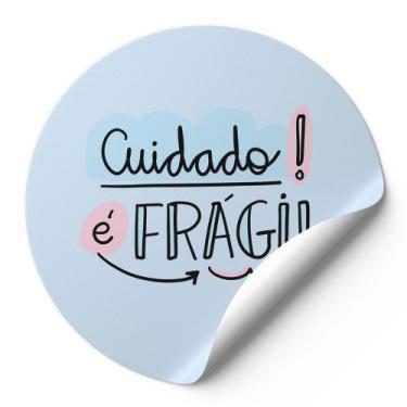 Imagem de 120 Etiquetas Auto Colante Adesivos Redondos Cuidado É Frágil Fundo Az