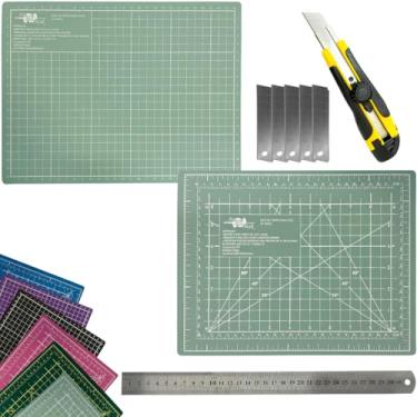 Imagem de Kit Base de Corte Dupla Face Multiuso Auto Regenerativa A4 30cm x 22cm Regua Metal 30cm Estilete Profissional Laminas Reservas (Tiffany)