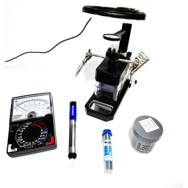 Imagem de Kit lupa de mesa profissional multimetro analógico estanho sugador e p