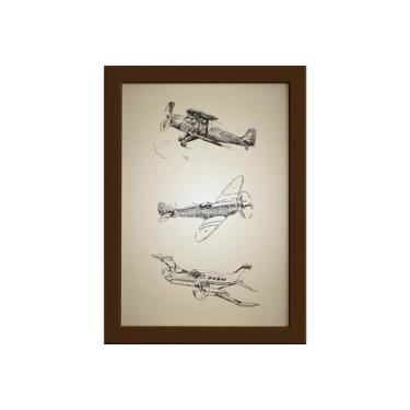Imagem de Quadro Vintage Moldura Marrom Aviões Antigos Triplo 33x43cm - Quartinh