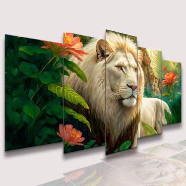 Imagem de lConjunto Quadro Decorativo Mosaico Com Foto Personalizado Leão flores