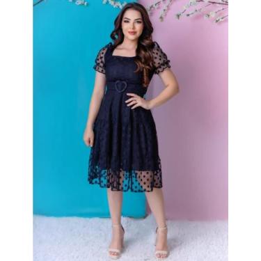 Imagem de Vestido Midi Social Elegante Decote Quadrado Romantico Manga Princesa 