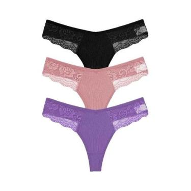 Imagem de Calcinhas Tangas de Renda e Algodão - 3 Peças - Cintura Baixa, S, Conj