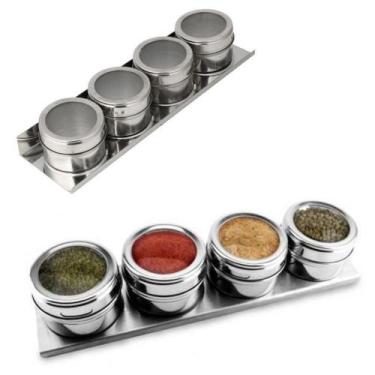 Imagem de Kit Porta Temperos Condimentos Inox Com 4 Potes Magnéticos De 60ml - A