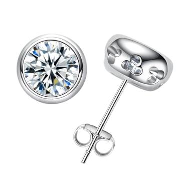 Imagem de Raivari Brincos Moissanite Solitário, Conjunto de Bisel Banhado a Ouro Branco 18K Prata Esterlina 925 0,5/1/2 CTTW Corte Redondo Cor D VVS1 Criada em Laboratório Daimond Brinco Aberto para Mulheres e