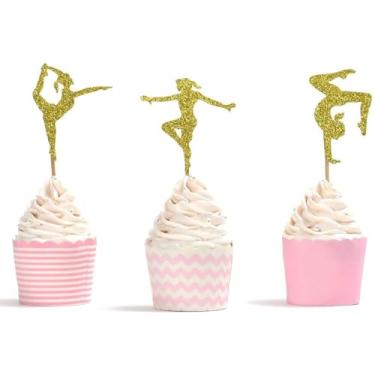 Imagem de Topo de cupcake de ginástica HOKPA, alimento de muffin para sobremesa, glitter, meninas, ginasta, topo de bolo para crianças, aniversário, reunião, tema esportivo, festa, decoração de chá de bebê (24 peças de ouro)