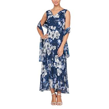 Imagem de Alex Evenings Vestido feminino de chiffon estampado sem mangas com xale, Floral azul-marinho, 50