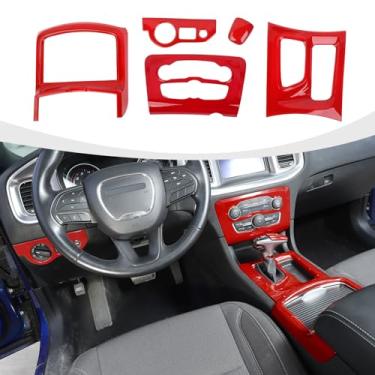 Imagem de RAZPOY Kit de acabamento interno vermelho, 5 peças, compatível com acessórios Dodge Charger 2015-2023, capa de suporte de copo de mudança de marcha, interruptor de farol, acabamento do painel de ar