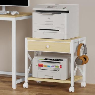 Imagem de EasyCom Suporte de impressora de mesa de 2 níveis com gaveta grande, armazenamento sob a mesa com rodas, prateleira pequena com armazenamento para armazenamento de papel, impressora, scanner, fax, uso