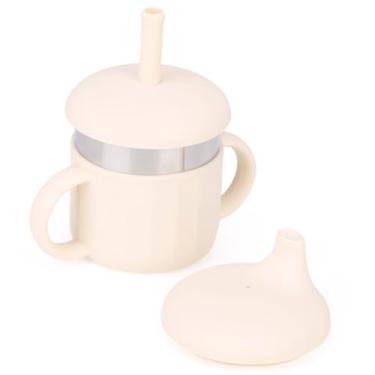 Imagem de MYCOKI SP Copo infantil de aço inoxidável para treinamento de silicone, copo com tampa de canudo resistente a quebras para bebês de 6 a 12 meses e crianças de 1 a 3 anos, copo de água de 209 g (bege,