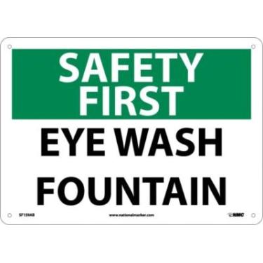 Imagem de NMC Placa SF159AB OSHA, legenda "SAFETY FIRST - EYE WASH FOUNTAIN", 35,56 cm de comprimento x 25,4 cm de altura, alumínio, preto/verde em branco