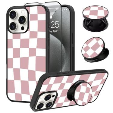 Imagem de SAKUULO Capa compatível com iPhone 15 Pro Max, [protetor de tela + suporte] Design fofo e estético xadrez xadrez, textura de pneu, antiderrapante, à prova de choque, ultrafina, 17 cm