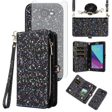 Imagem de Asuwish Capa de celular para Samsung Galaxy J3 Luna Pro J 3 Prime 2017 Emerge 3J Eclipse Mission Carteira magnética destacável com protetor de tela e compartimento para cartão com glitter S327VL preta