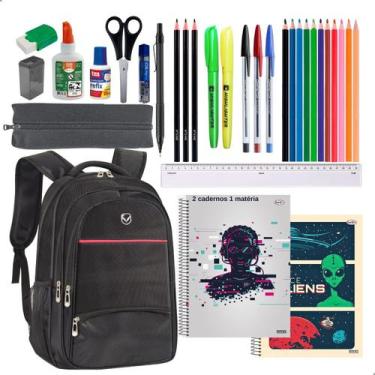 Imagem de Kit Material Escolar Mochila Notebook 2 Cadernos 1 Matéria + 29 Itens 