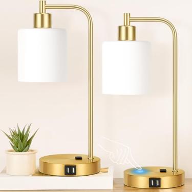 Imagem de Nintiue Conjunto De 2 Luminárias De Mesa Industriais Com Controle De Toque, 2 Portas Usb E Tomada Ca - Luminárias De Cabeceira Douradas Reguláveis De 3 Vias, Luminárias De Mesa De Cabeceira Para Qua
