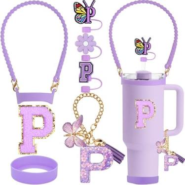 Imagem de ZYBIDEAL Conjunto de acessórios roxos de 8 peças para Stanley Cup, 3 peças de canudo de 10 mm, alça de silicone para garrafa de água, bota para Stanley 30 e 1,134 g, corrente com pingente de letra,