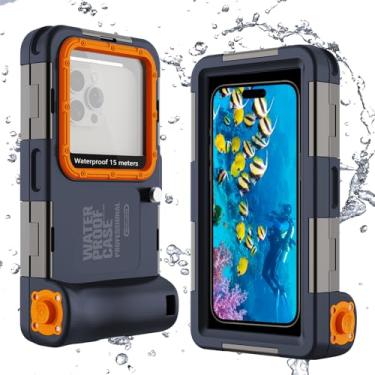 Imagem de ShellBox Case Nova capa subaquática impermeável para iPhone 16/15/14/13/12/11/Pro Max/Pro/Plus/LG G8X Series (botão de volume à esquerda), [50FT/15M] Capas de mergulho profissional, azul-laranja