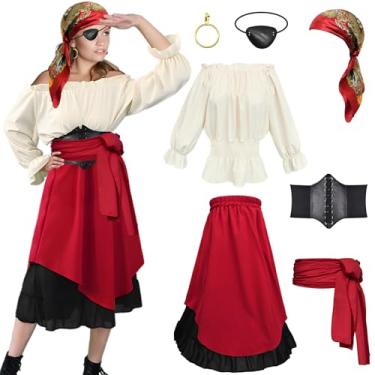Imagem de Prebene 7 Pcs Halloween Womens Pirate Costume Renaissance Pirate Blouse Tops Skirt Medieval Corset Belt Headscarf Eye Patch Outfit (Beige + Red, M)