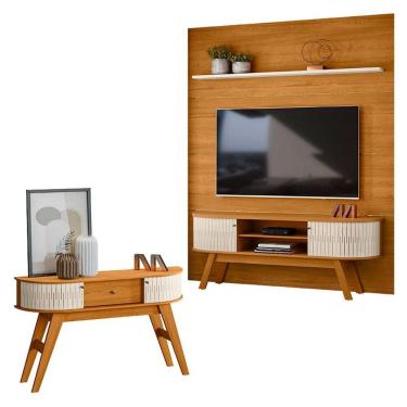 Imagem de Estante Home Theater com Bancada Laguna com Aparador Estoril Cinamomo Off White – Madetec