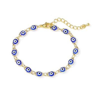 Imagem de cmoonry Pulseira feminina banhada a ouro 14 quilates com corrente turca olho azul para meninas, presente de aniversário, 6.2 Inch, Cobre