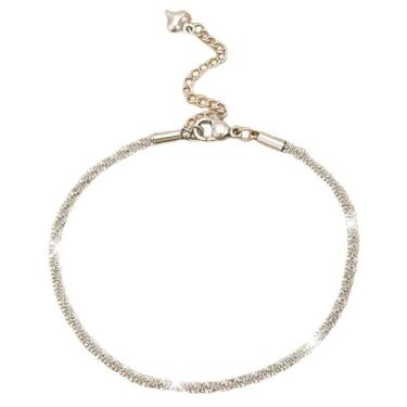 Imagem de Tornozeleira de strass, pulseiras de tornozelo brilhantes para mulheres, pingente de joia de pé de prata dourada cintilante com pingente de camada de diamante para festa noturna, Standard, Strass