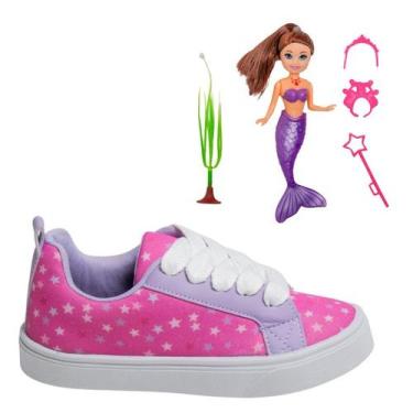 Imagem de Tênis Infantil Feminino Casual Colegial CM Estrela Sereia Meninas Leve