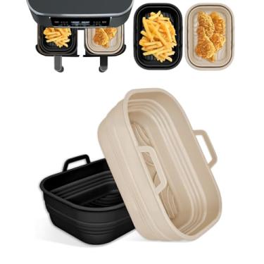 Imagem de Pacote com 2 forros de silicone dobráveis para fritadeira de ar dupla Foodi de 8QT-10QT, panela retangular de silicone reutilizável, inserção antiaderente para acessórios Ninja/Cosori Dualzone