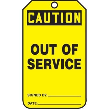 Imagem de Accuform Placa de segurança MDT641CTP, Legend"CUIDADO FORA DE SERVIÇO", 14,6 cm de comprimento x 8,2 cm de largura x 0 cm de espessura, PF-Cardstock, preto sobre amarelo (pacote com 25)