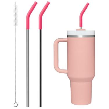 Imagem de Bluwing 2 canudos de aço inoxidável para copo Stanley de 1,134 g, acessórios de canudo Stanley Cup de substituição de 1,134 g com pontas de silicone e escova de limpeza (crepúsculo rosa)
