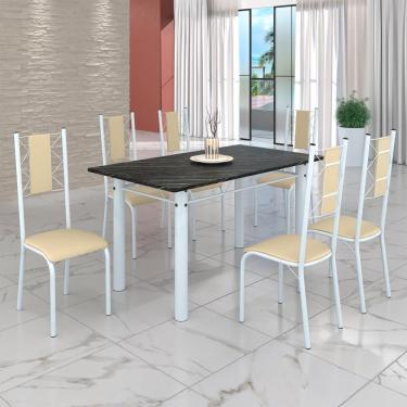 Imagem de Conjunto Sala De Jantar Mesa Tubo 140x75cm Tampo Pedra Ardósia C-6 Cadeiras Creme-branco