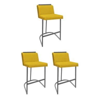 Imagem de Kit 03 Banquetas Com Encosto Confort Bistrô Cozinha Ferro Prata Corino Amarelo Amey Decor