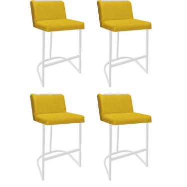 Imagem de Kit 04 Banquetas Com Encosto Confort Bistrô Cozinha Ferro Branco Sintético Amarelo Amey Decor