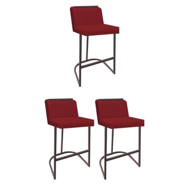 Imagem de Kit 03 Banquetas Com Encosto Confort Bistrô Cozinha Ferro Marrom Sintético Vermelho Amey Decor