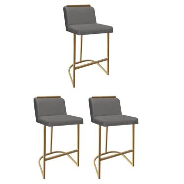 Imagem de Kit 03 Banquetas Com Encosto Confort Bistrô Cozinha Ferro Dourado Corino Cinza Amey Decor