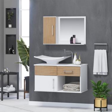 Imagem de Gabinete De Banheiro Inferior E Superior New Stilo 2 Portas 1 Gaveta Cor Freijó Amadeirado - Bege