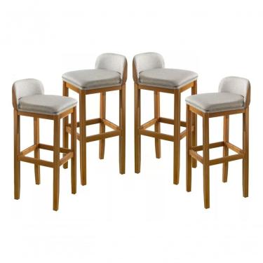 Imagem de Kit 4 Banquetas Exclusiva Premium Linha Alta Assento Encosto Linho Almofadado Pé Madeira Maciça Retro