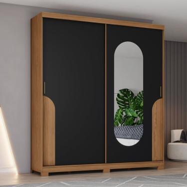Imagem de Guarda-roupa Talles 2 Portas Deslizantes 3 Gavetas Detalhes E Espelho Com Cantos Arredondados Nature-preto